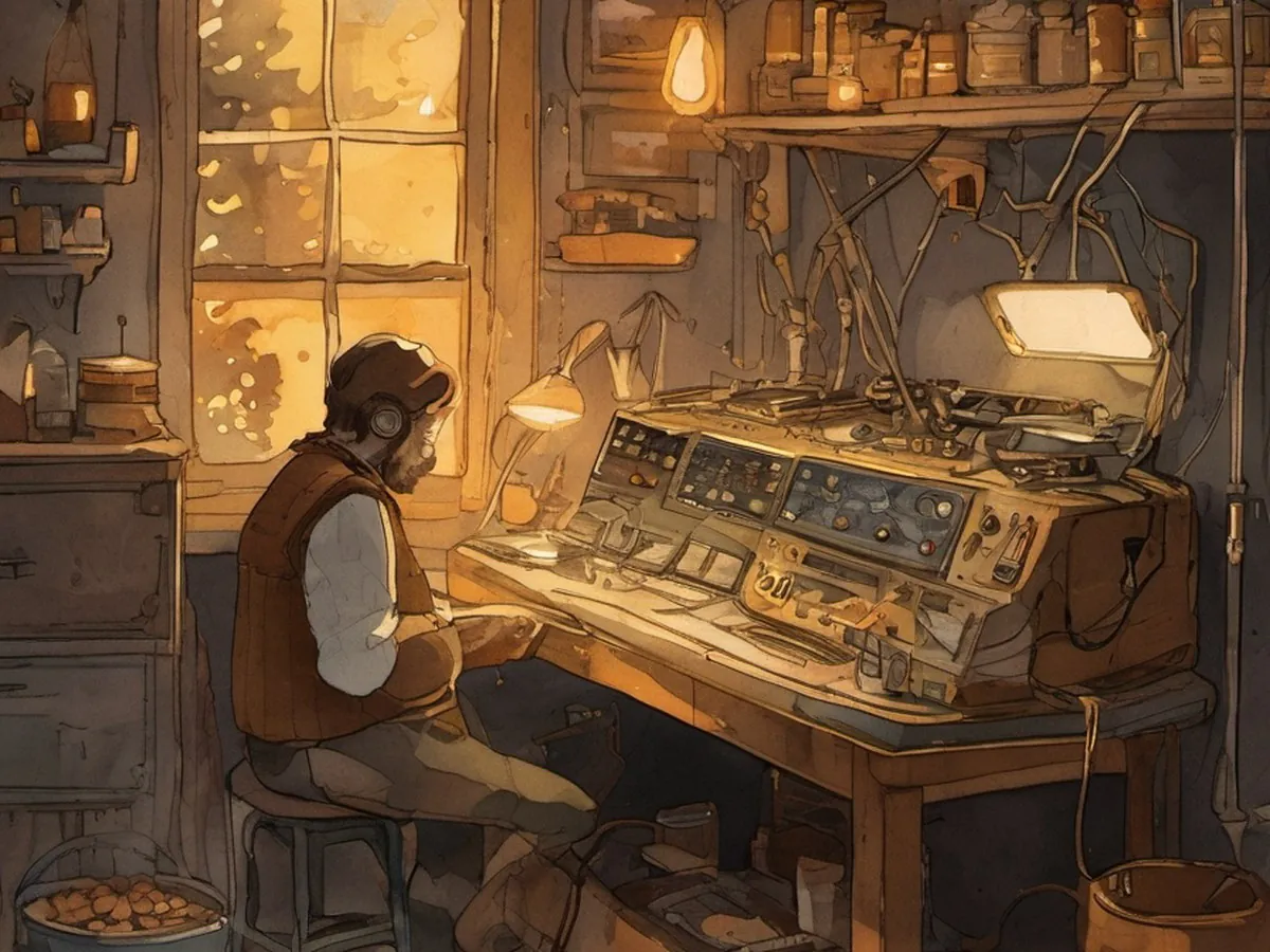 Illustration of a person in a cap and vest working at a cluttered repair bench under a lamp
