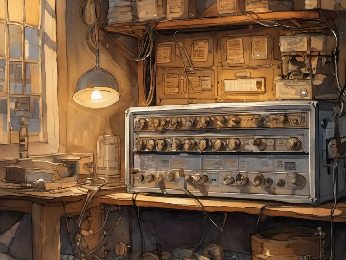 Illustration of a rack of vintage test instruments with rows of knobs on a workbench