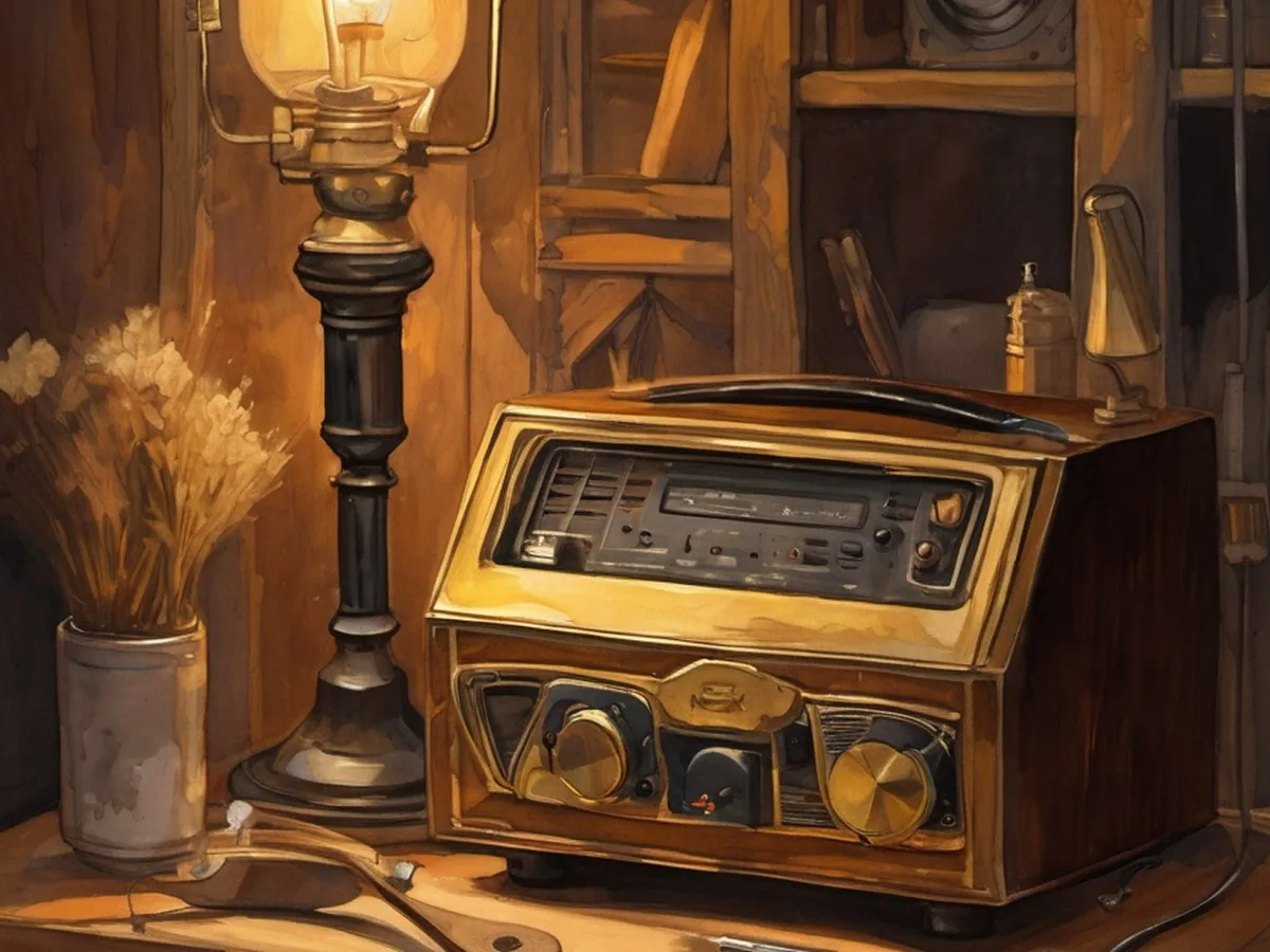Illustration of a wood-cased vintage radio on a workbench, lit by an oil lamp